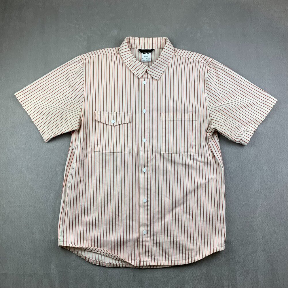 Nike Sb Mens Shirt Medium Red White Striped Button Up Short Sleeve Skateboarding